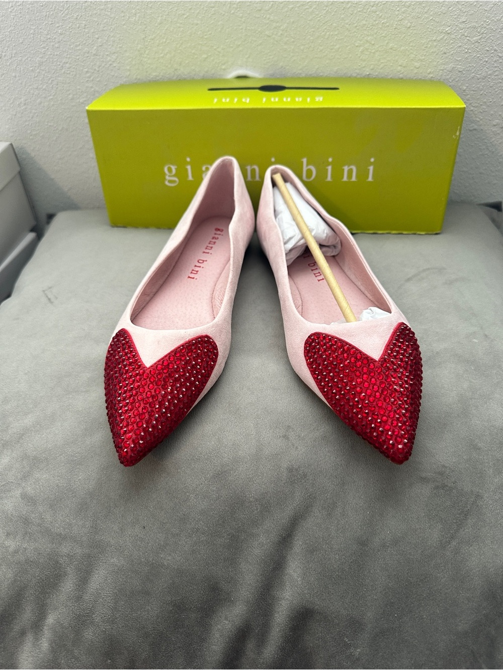 Gianni Bini Blush Pink Suede Flats with Red Crystal Pointed Toe - Picture 2 of 5